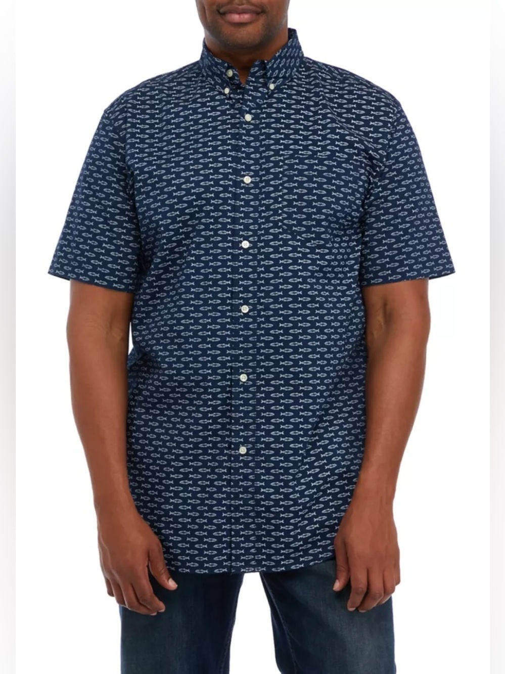 Chaps Mens Short Sleeve Button Down Casual Shirt Fish Navy and White Medium